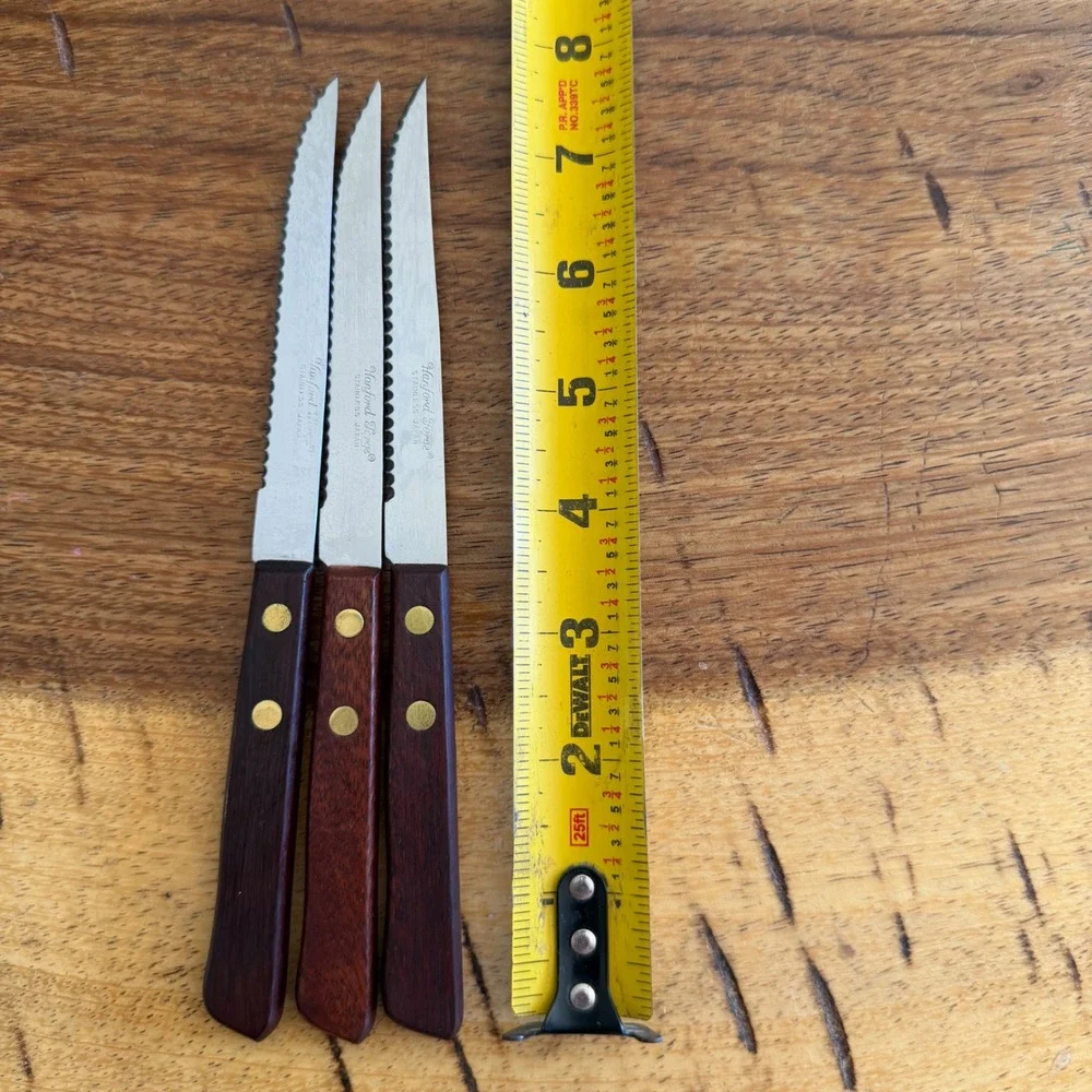 Hanford Forge Steak Knives Set of 3 Serrated Stainless Japan Wood Handle Brass
